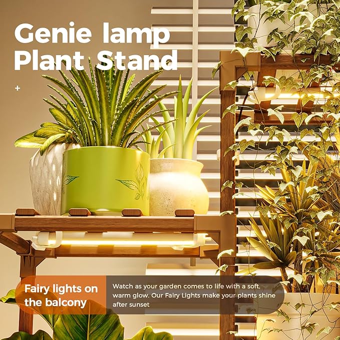 Bamworld Plant Stand with Grow Lights Large Plant Shelf for Mutiple Pots Plant Holder for Living Room Patio Boho Home Decor for Gardening Warm Light