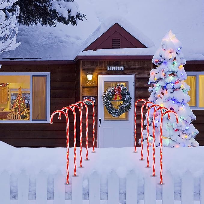 26" Christmas Candy Cane Pathway Markers Lights, Set of 10 Pack Christmas Outdoor Decorations Candy Cane Lights for Yard Patio Garden Walkway Indoor Décor Landscape Path Festival Holiday, Red