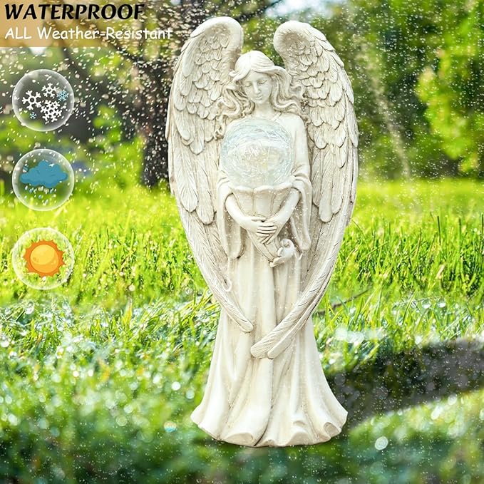 Angel Statues for Garden-Garden Angels Outdoor Statue - Solar Angels Figurines Holding Glass Ball for Outdoor Decor or Housewarming Gift