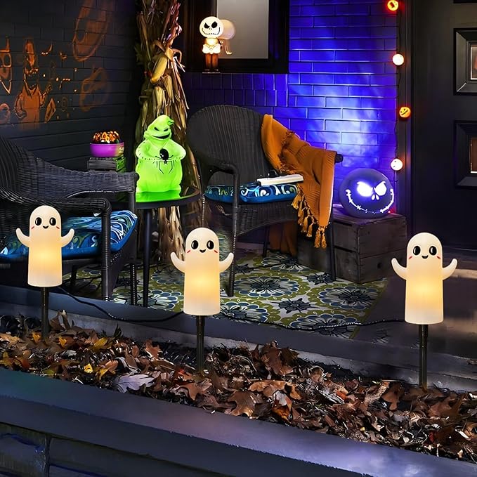 4 Pack Halloween Smiley Elves Pathway Lights, 7Ft Outdoor Halloween Decorations Lights with LED Smiling Ghost Yard Stakes Lights for Outdoor Garden Walkway Patio Backyard Halloween Party Decor