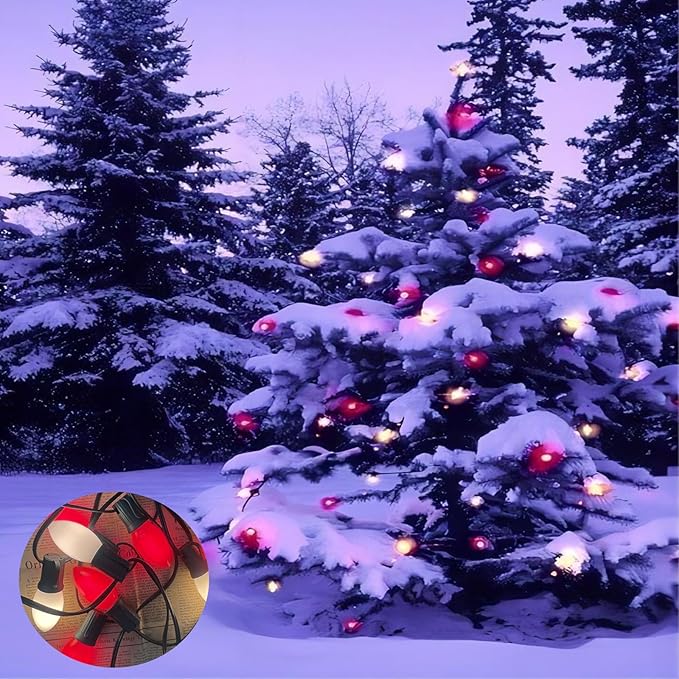 25FT C9 Christmas Lights Outdoor,Red and White C9 Christmas Lights with 26 Ceramic Bulbs(1 Spare), Connectable Incandescent Christmas Lights for Indoor Outdoor Party Home Decor,Green Wire