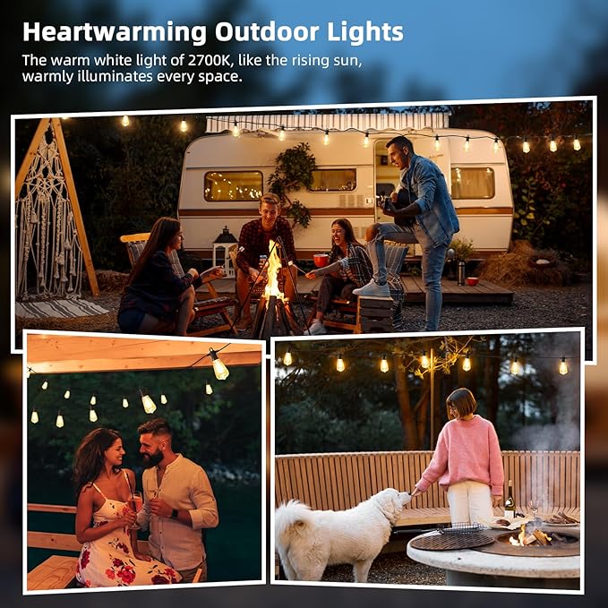 FOOMAN LED Outdoor String Lights, 100FT Outside Waterproof Patio Lights with 50+3 Shatterproof ST38 Edison Bulbs, 2700K Warm White Hanging Light, Dimmable Light for Back Yard Porch Party Gezebo