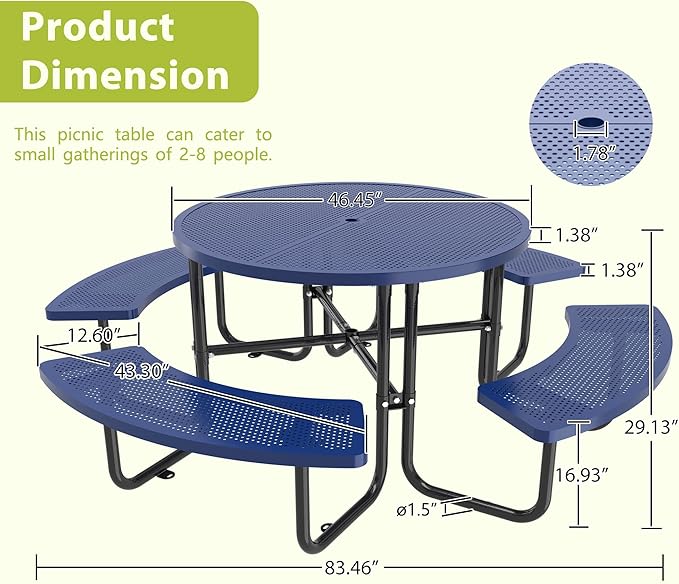 46'' Steel Round Picnic Table for Outdoors, Expanded, Lifetime Picnic Table with Umbrella Hole, Heavy Duty Sturdy Commercial Picnic Tables for Garden Courtyard BBQ, Blue