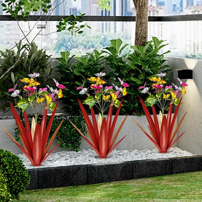 Garden Outdoor Butterfly Enlarge Thickened Wind Resistant Metal Agave Garden Art Metal Plant Country Sculpture Statue Decorations Ornaments Artificial Waterproof Butterflies(red 3pcs)