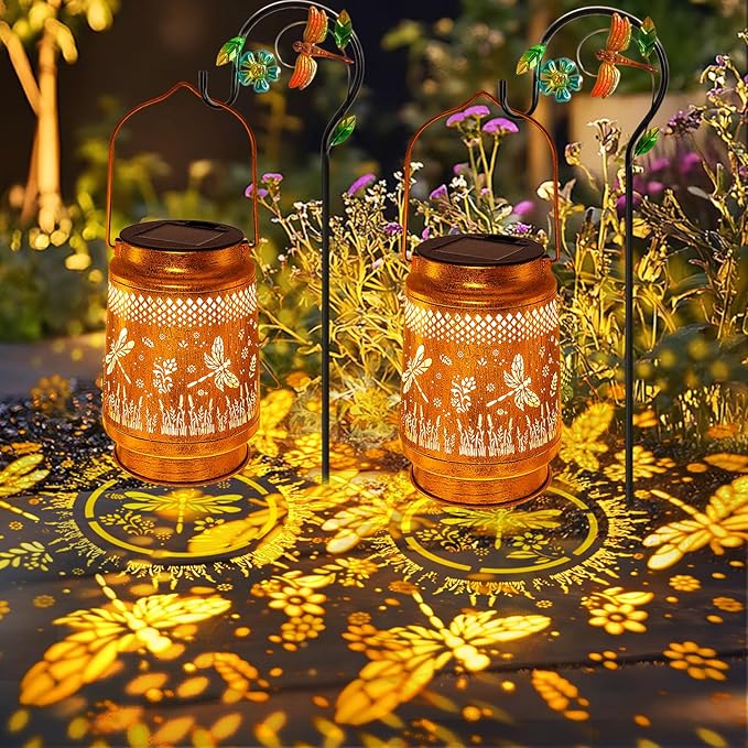 2 Pack Solar Lanterns Outdoor Garden Decor with Shepherd Hook, Gardening Gifts for Mom Grandma Women Dragonfly Metal Decor Lantern Waterproof Solar Lights LED Decorative for Garden Yard Patio