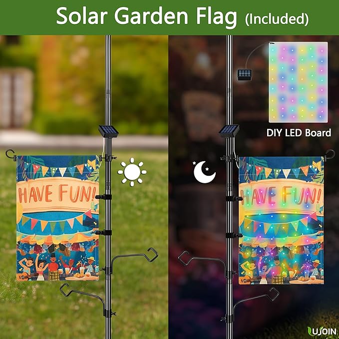 3-in-1 String Light Pole for Outside (2 Pack), Each Pack Includes 2 Hooks, 1 Solar LED Light Board & 1 Party Flag, Heavy Duty Stand for Deck, Patio, Backyard, Wedding