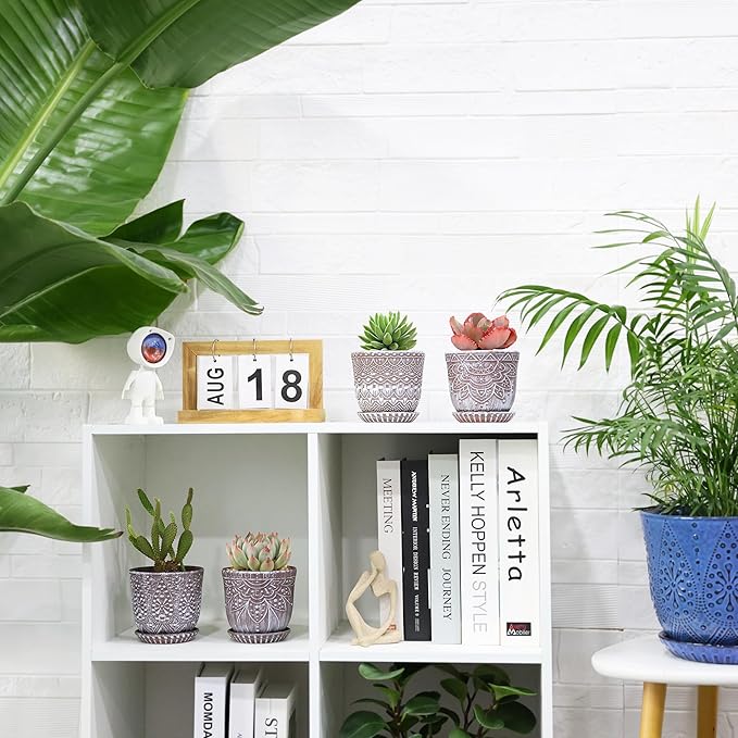 Gepege Succulent Pots, 4 Inch Small Indoor Ceramic Planter Pot with Drainage Holes and Saucers for Plants - Set of 4