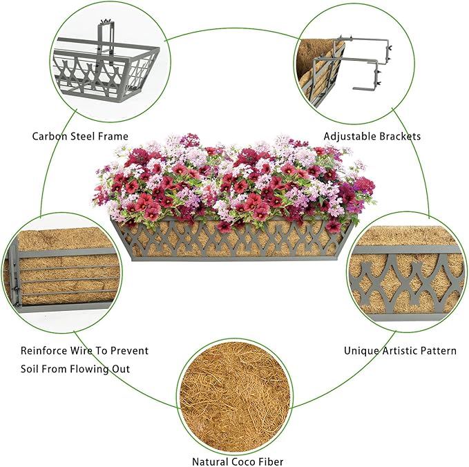 4 Pack 30 Inch Window Boxes Planters Railing Planter Box with Adjustable Brackets for Porch Fence Patio Balcony Hanging Flower Baskets with Coco Liners for Outdoor Garden Decor - Grey