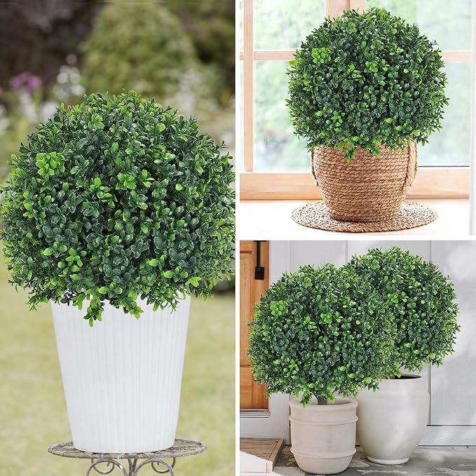 Artificial Boxwood Topiary Ball Tree 24" with Ground Spike, Set of 2 Artificial Boxwood Bushes for Faux Shrubs, Fake Evergreen Faux Plant for Indoor Outdoor Porch Garden- UV Resistant – Fade-Proof