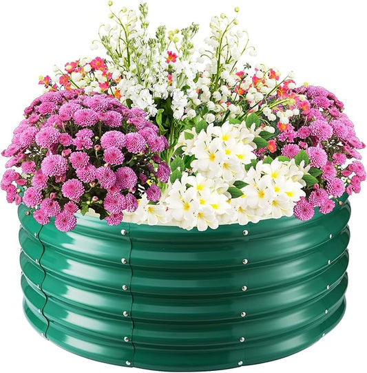 17" Tall Elevated Round Metal Rised Garden Bed- 3.3'x3.3' in Size and 0.8MM Thick Durable Planter Box for Vegetables Flowers Succulent at Patio/Garden Outdoor (Dark Green, 3.3FT Diameter)