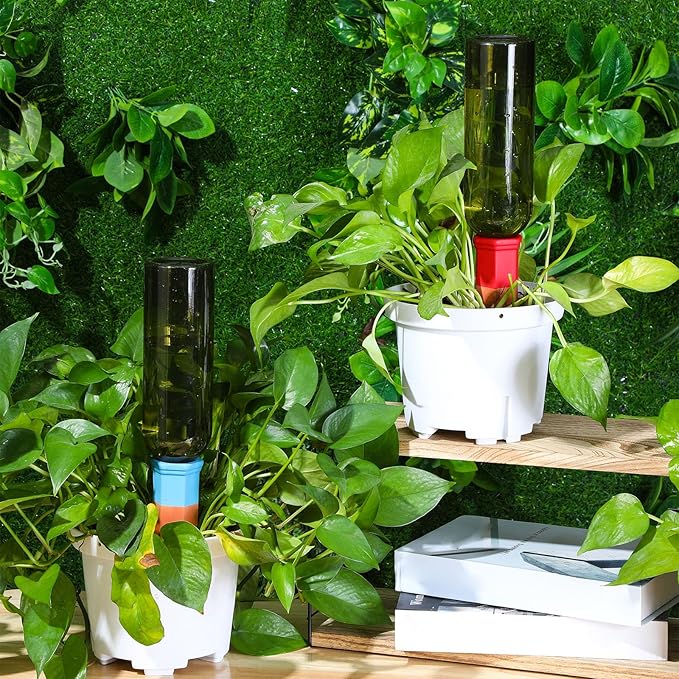 12 Set Plant Watering Devices Include Terracotta Self Watering Spikes and 26 oz Plastic Bottles, Slow Release Vacation Insert Automatic Plant Waterer Device (Green and Mixed Color)