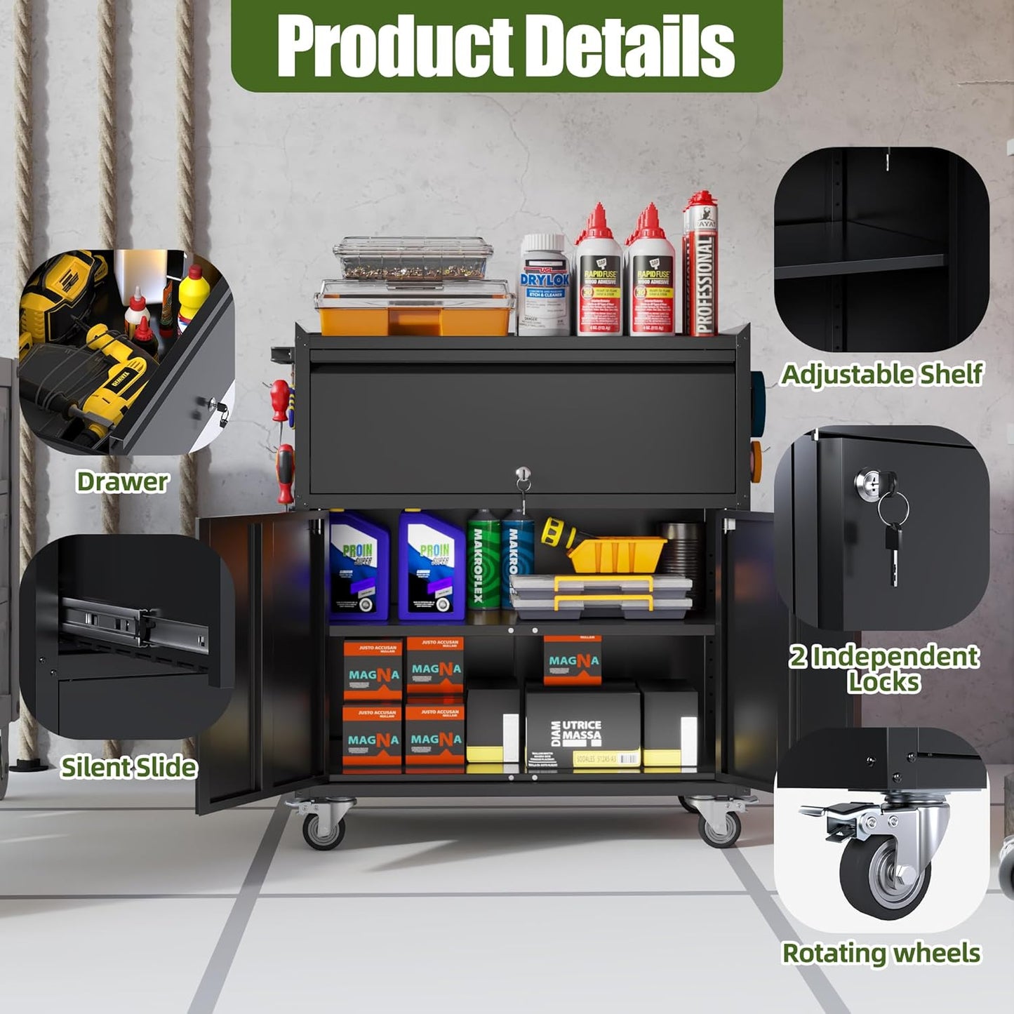 35.43'' H Metal Storage Cabinet on Wheels with 1 Drawer, Rolling Steel Garage Tools Cabinet with Side Pegboard &4 Hooks & 1 Adjustable Shelf for Garage,Shop,Home, Black, Assembly Required