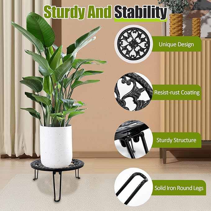 3 Pack Metal Plant Stand Indoor Outdoor, Heavy Duty Flower Pot Stands for Multiple Plants, Black Iron Plant Holder for Planters, Round Plant Shelf for Patio Garden Balcony Living Room