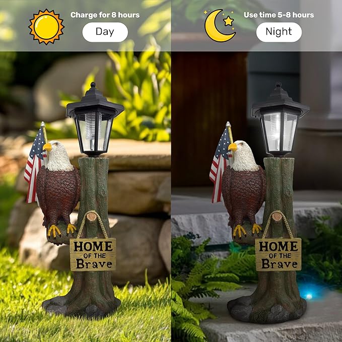14x6 Inch Eagle Outdoor Solar Statue, Home of The Brave Outdoor Decorative Sculpture, Garden Decoration Outdoor Waterproof, Eagle Statue with American Flag for Patios, Yards, and Gardens