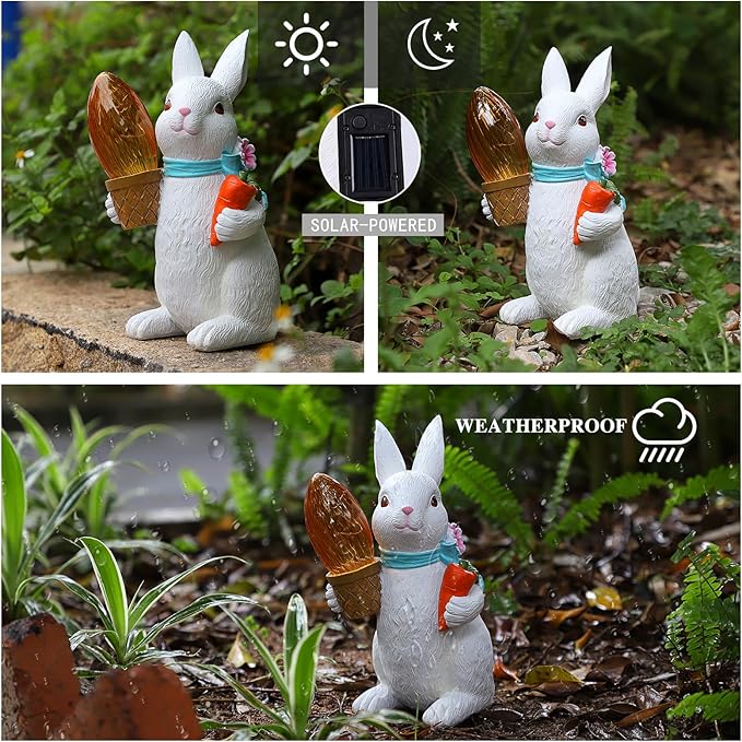 Garden Statues Rabbit with Solar Lights-Easter Bunny Outdoor Decor for Lawn,Balcony-Yard Garden&Patio Decor-Unique Gift for Mom Grandma,Unique Housewarming Gifts and Rabbit Yard Decoration