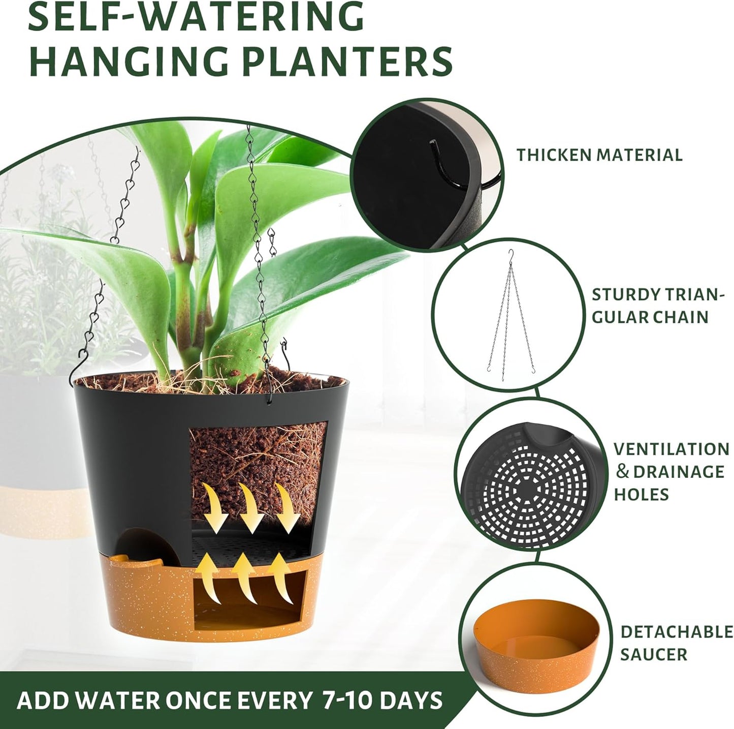 Hanging Planters for Indoor Outdoor Plants, 2 Pack Self Watering Hanging Pot with Drainage Holes and Plant Hangers, Hanging Baskets Flower Pots for Home Garden Decor (Black, 10 inch)