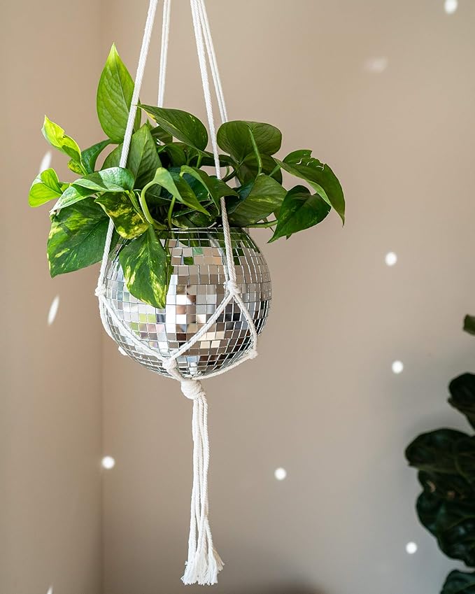 Hanging Disco Ball Planter 8" - with Acrylic Stand and Macrame Plant Hanger - Home Décor, Room Décor, Patio or Boho Décor, Mirror Disco Planter, Disco Decor (8" No Base)