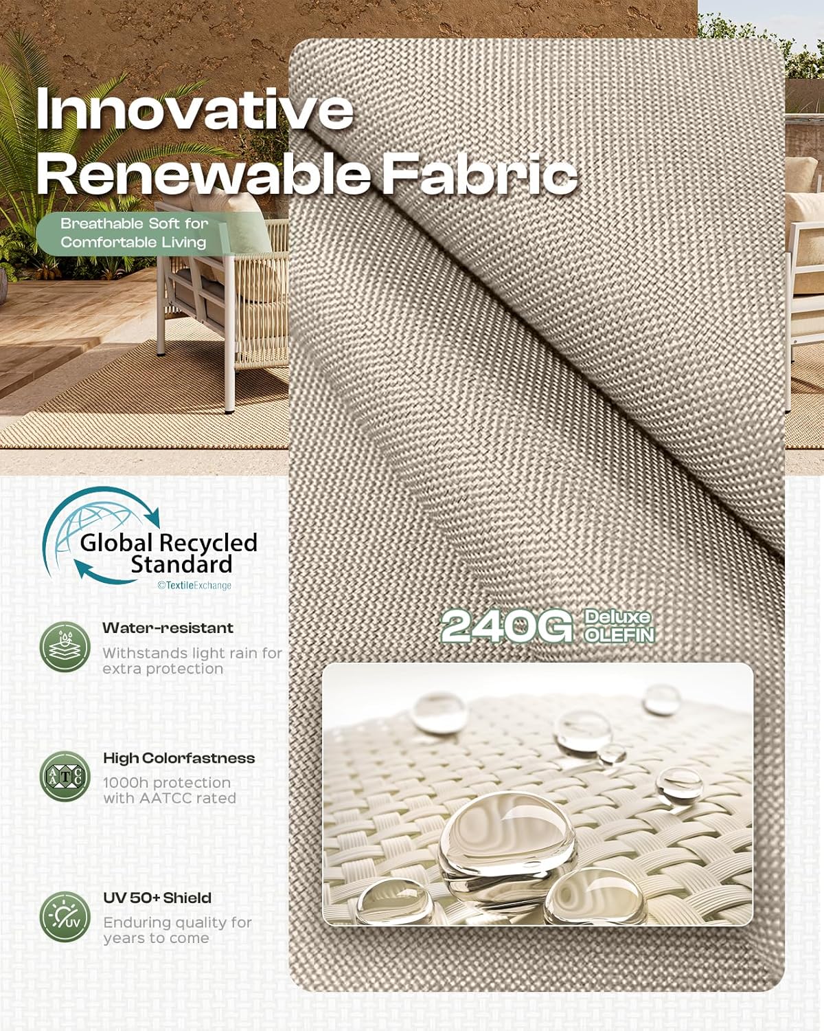 Aluminum Outdoor Patio Furniture Set, HDPE Rope 4 Piece Modern Sectional Conversation Sets with Dual-Layer Coffee Table, All Weather Patio Couch Set with Thick Cushions, White Frame, Ivory