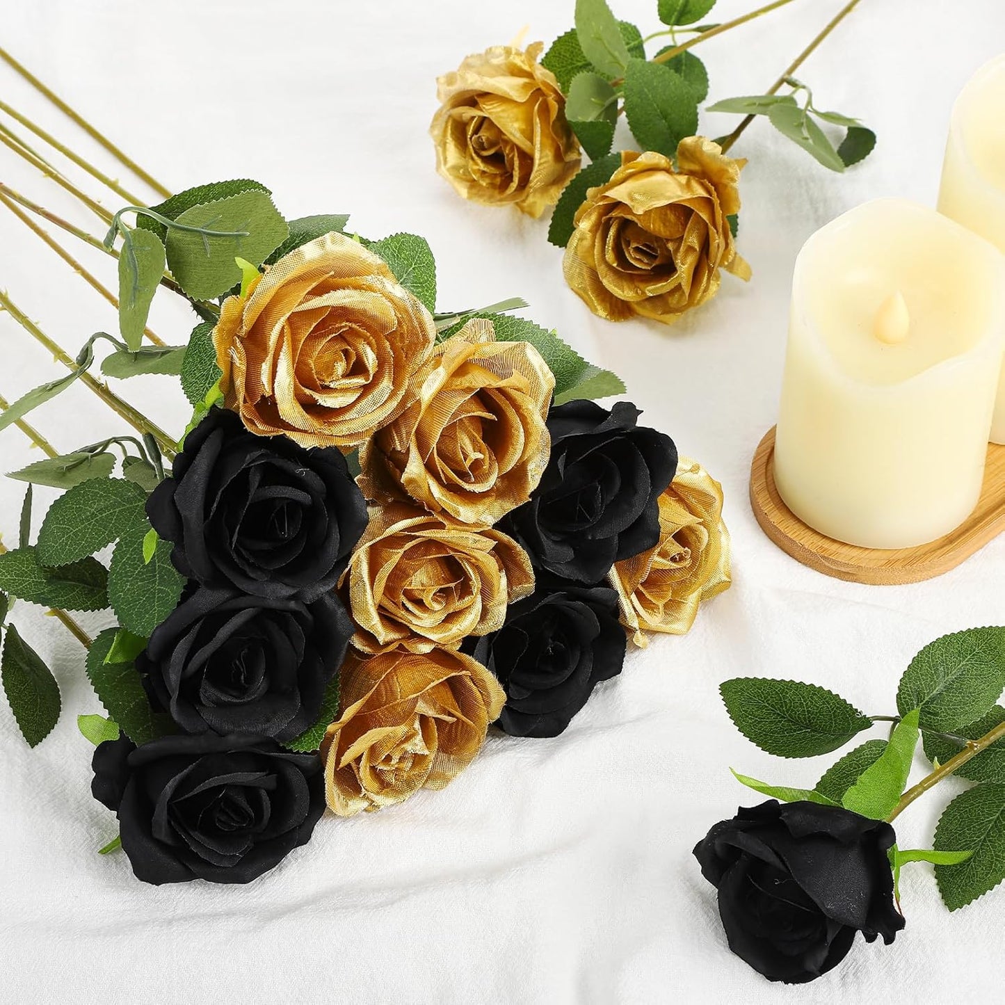 36 Pcs Silk Black Gold Rose Bouquet Bridal Artificial Flowers,Fake Rose Long Stem Realistic Flowers Bulk for Wedding Bouquet Ball Arrangement Centerpiece Party Decor