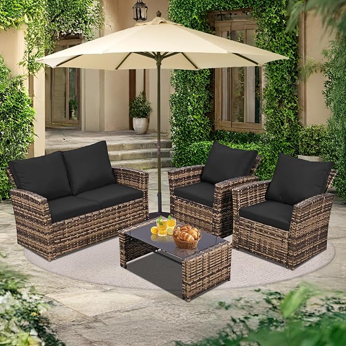 4 Piece Outdoor Patio Furniture Set,Wicker Conversation Sets Outdoor Sectional Patio Sofa Couch with Cushions & Coffee Table for Outside, Garden, Balcony, Porch,Yellow/Black