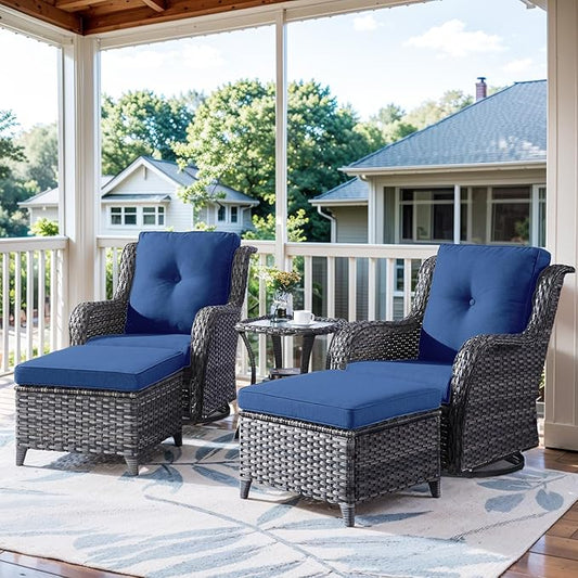5 Pieces Patio Furniture Sets Wicker Outdoor Furniture, Rattan Patio Swivel Glider Chairs with 2 Ottoman and Glass Side Table