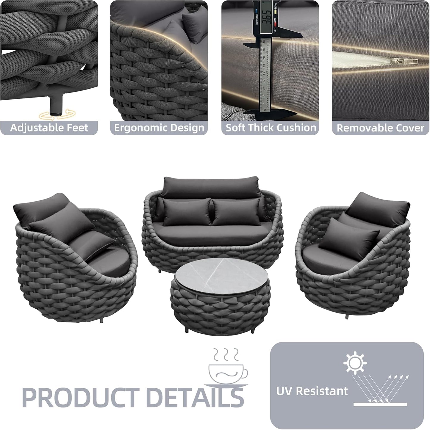 6 Pieces Patio Furniture Set Outdoor Rope Conversation Sectional Patio Sofa with 6 Seater for Backyard, Porch, Modern Armchairs with Thickness Cushions and Side Table, Dark Grey