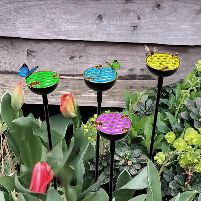 4 Pack Bee Cups for Garden with Bee Island, Bee Waterer and Butterfly Water Stations, Bee Water Catcher Cups for Thirsty Pollinators, Bee Bath, Colorful Metal Garden Sculpture Stakes Decor