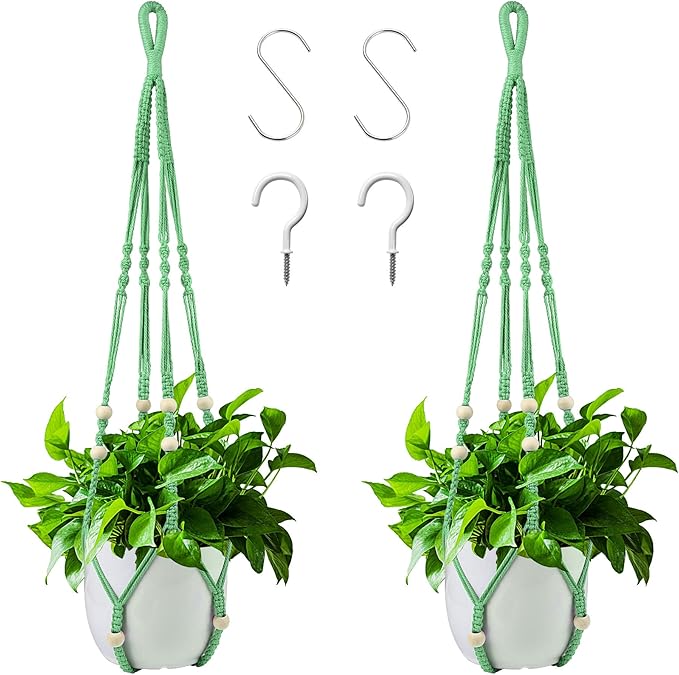 Augshy Macrame Plant Hangers Green Hanging Planters for Indoor Outdoor Home Decor, Hanging Plant Holder No Tassels Set of 2 with 4 Hooks