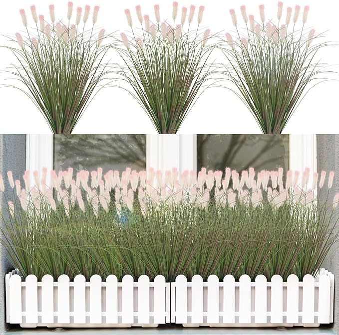 Artificial Grasses Plants Oudoor 12 Bunches Onion Grass Greenery with Plush Faux Fake Shrubs Plant Onion Wheat Grass for Outside Garden Indoor House Home Office Décor (Light Purple & Pink Plush