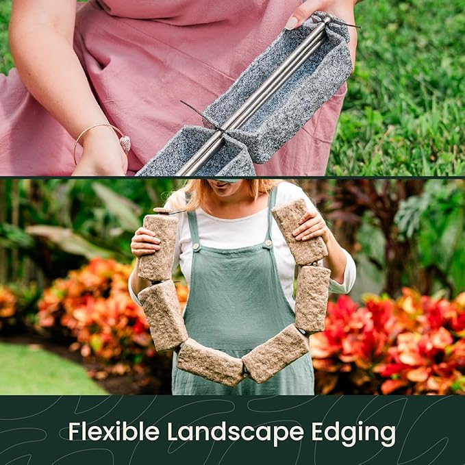Beuta Landscape Edging | Garden Edging Border | Faux Stone Bricks for Lawn edging, Flower beds, Pathways & Yard Edging– 4 Packs | Each Section Has 6 Bricks 48"L x 4"W x 2.25"H | 12 Spikes |Sandstone