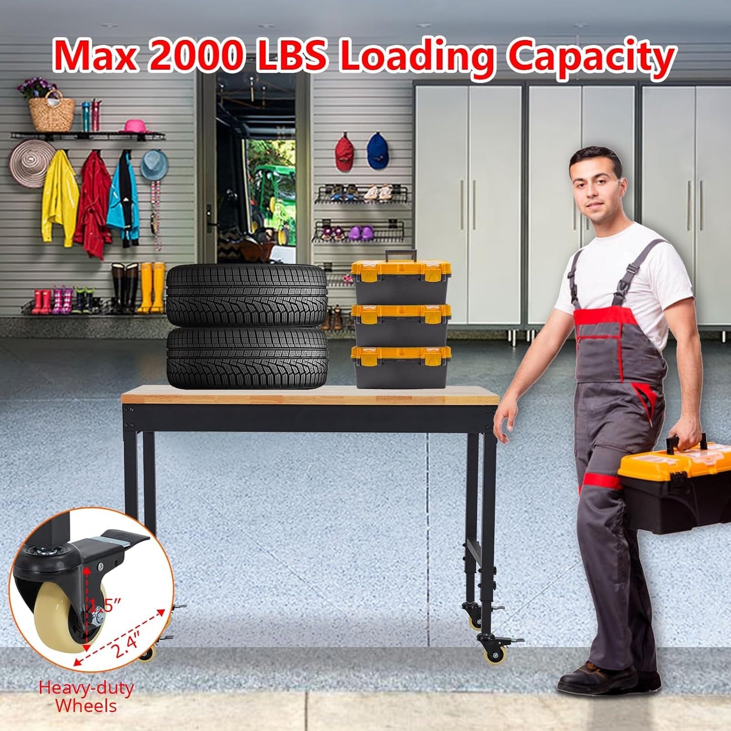 72" x 25" Heavy-Duty Adjustable Workbench with Power Outlets - 2000LB Capacity Garage Workbench, Rubberwood Top, Locking Wheels, Mobile Workstation for Workshop, Office & Home