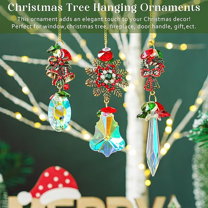 3 Pack Crystal Christmas Ornaments, Glass Rainbow Rhinestones Sun Catcher Prisms with Christmas Wreath Snowflake Bells,Suncatcher Hanging Crystal Pendants for Window Christmas Home Decor