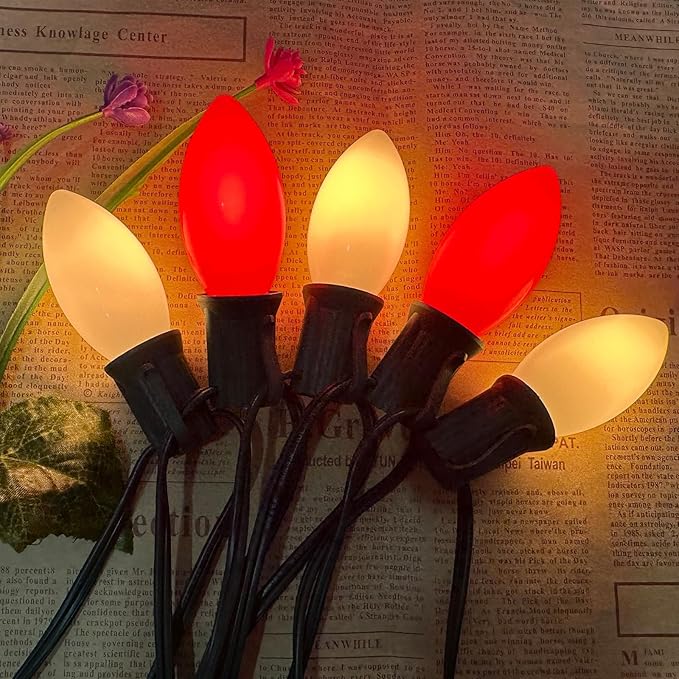25FT C9 Christmas Lights Outdoor,Red and White C9 Christmas Lights with 26 Ceramic Bulbs(1 Spare), Connectable Incandescent Christmas Lights for Indoor Outdoor Party Home Decor,Green Wire
