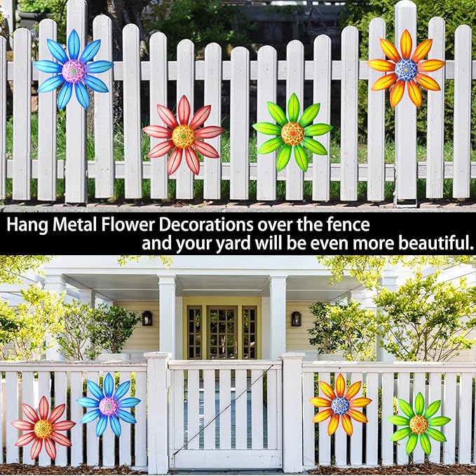 Gooyule Metal Flower Decor, 4 Pack Metal Flowers Wall Decor Colorful Flower Wall Art 6.5" Metal Floral Wall Decor Indoor Outdoor Hanging Wall Decor Metal Wall Decor Set for Home Office Garden Yard
