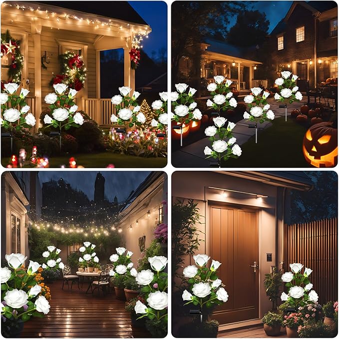 2 Pack Solar Garden Lights Outdoor, 7-Flower Rose LED Stake Light for Yard Patio Pathway Lawn Fence Cemetery, White