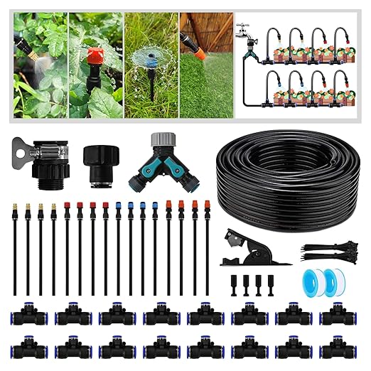 Garden Drip Irrigation Kit, 100ft Black Hose, 360° Pure Copper Closeable Nozzle, Patio Misting Plant Watering Sprinkler, Faucet Separator, Sprinkler Hose Adapter (16 360° nozzles + 16 T-connectors)