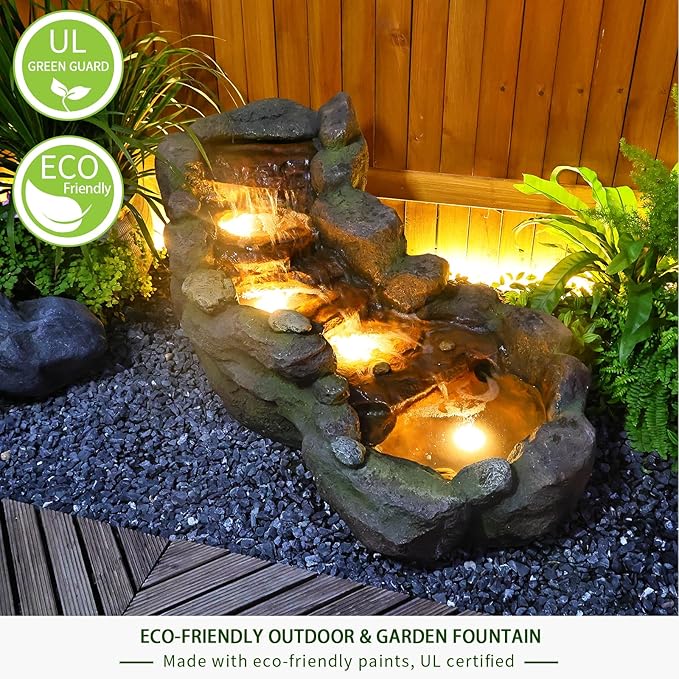 Garden Outdoor Water Fountain, 42.1" L Floor Standing Tiered Rock Outdoor Fountains with LED Lights and Pump for Garden, Backyard, Deck, Patio, Porch and Home Art Decor