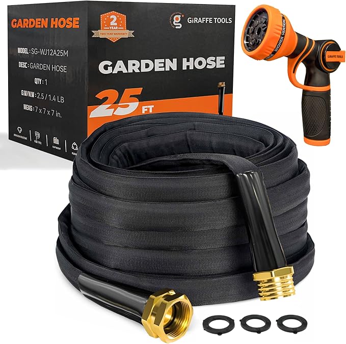 Giraffe Tools Garden Hose 25FT Lightweight Lay Flat Water Hose Kink Free Flexible Hose with 9 Spray Function Nozzle（Black）