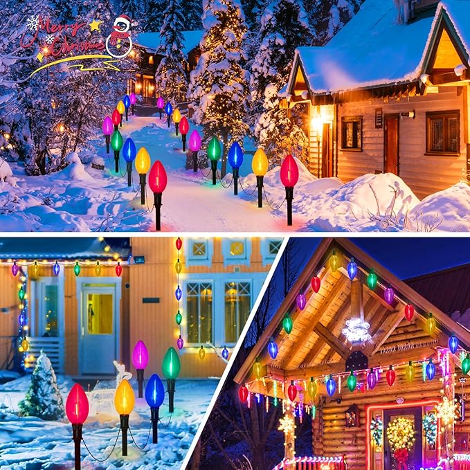 2 Packs Outdoor Christmas Decorations, Total 34 Feet 20 LED C9 Christmas Pathway Lights or Xmas String Lights, Multicolored Bulbs Waterproof Marker Lights for Yard Holiday Lawn Walkway Garden
