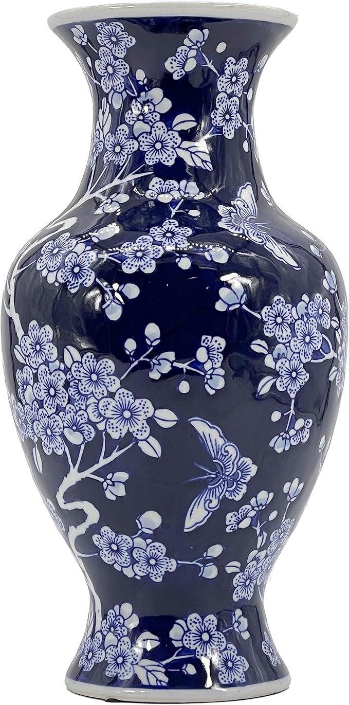 Galt International Dark Blue Floral Chinoiserie Ceramic Vase 14"- Hand Painted Antique Style Porcelain Butterfly & Flower Bottle Fishtail Porcelain Chinese Vase for Home Decor Centerpiece