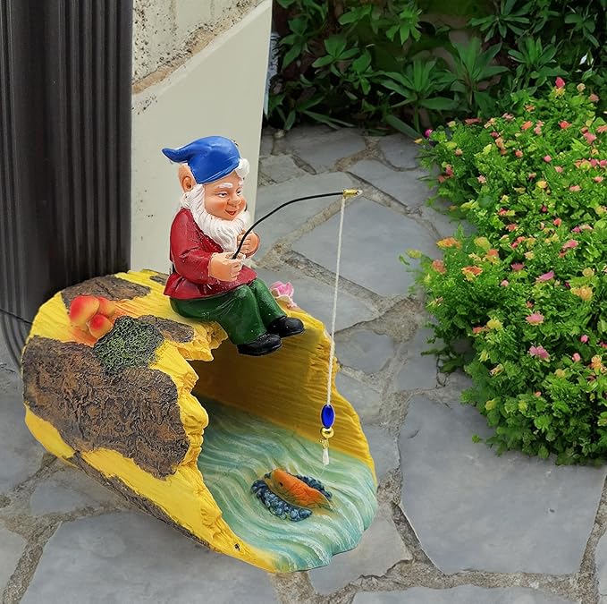 Gnome Fishing 3" x 4" Gutter Downspout Splash Block Decor, Outdoor Garden Animal Statue & Sculpture, Weather-Resistant Gutter Diverter Rain, Decorative Gutter Extension Downspout Ornament