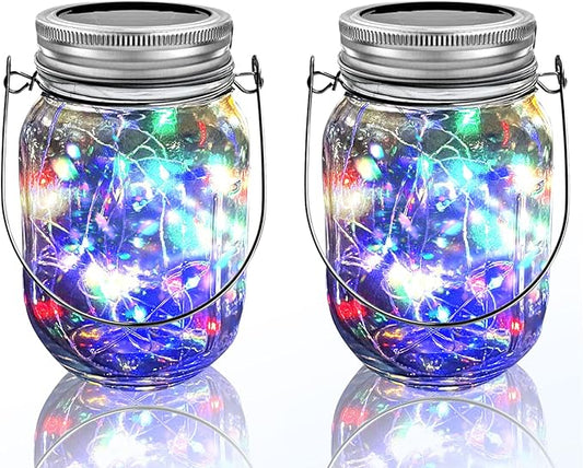 Hanging Solar Mason Jar Lights,ZQX 2 Pack 20 Led String Hanging Mason Jar Lanterns for Outdoor,Great Decor Light for Outside Patio Garden Yard Fence Wedding Table,Hangers and Jars Included（Multicolor）