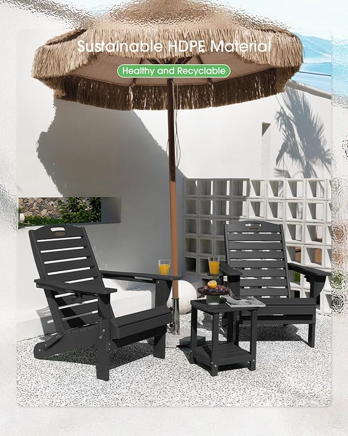 Adirondack Chairs Set of 2, Outdoor Fire Pit Chairs, HDPE All-Weather Adirondack Chairs with Cup Holder, Lawn Chair for Deck, Patio, Garden (Black)