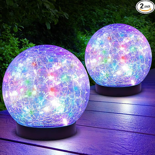2-Pack Garden Solar Lights Outdoor, Colored Cracked Glass Ball Light Waterproof, Decorative Solar Powered Globe Lighting Multicolor for Yard