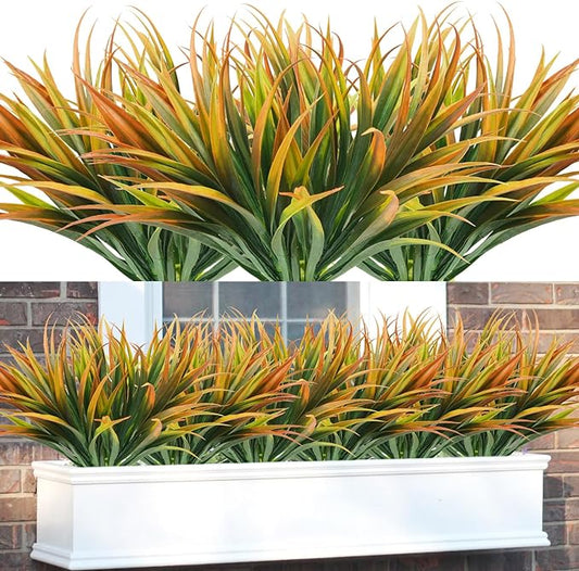 16Pcs Artificial Grass Fake Plants 17.3in Outdoor Plastic Plants UV Resistant Greenery Fake Grass for Home Window Garden Office Patio Hanging Planter Pathway Front Porch Décor Orange Yellow