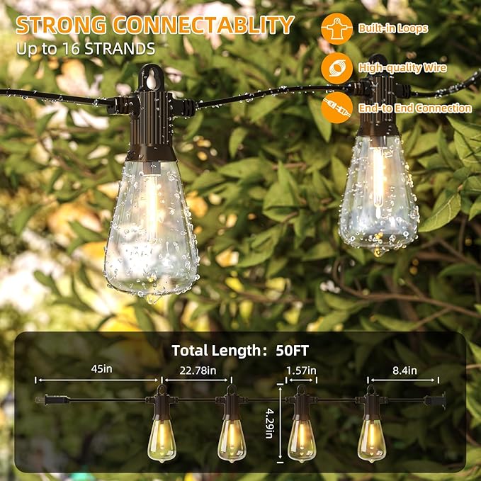 FOOMAN LED Outdoor String Lights, 50FT Outside Waterproof Patio Lights with 25+2 Shatterproof ST38 Edison Bulbs, 2700K Warm White Hanging Light, Dimmable Light for Backyard Garden Bistro Party