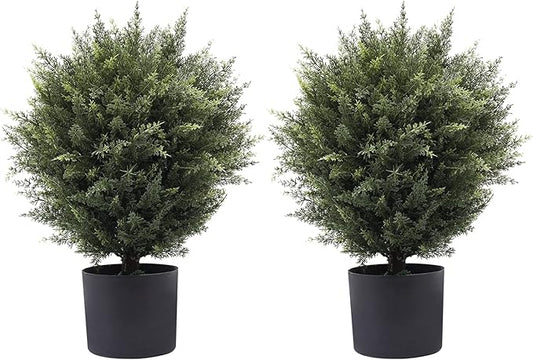 21” Artificial Cedar Outdoor Artificial Shrub Sunlight Resistant Leafy Potted Plant for Indoor Porch of Home and Office Artificial Outdoor Tree 2 Pieces a Set Topiary Trees
