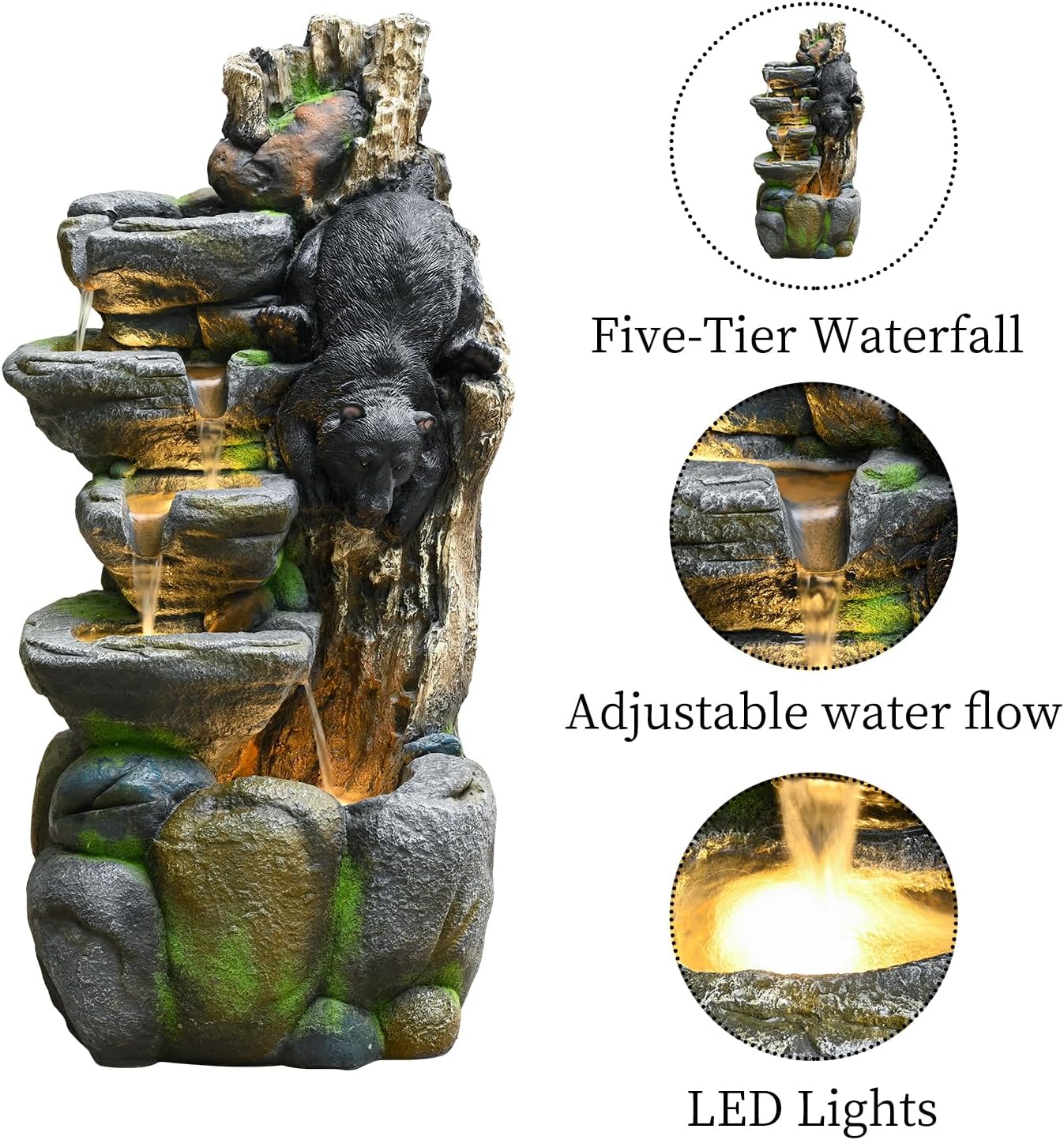 39" Outdoor Garden Water Fountain with Lights 5 Tiers Cascading Large Waterfall Floor Standing Fountain for Patio, Backyard, Deck, Porch and Home Art Decor