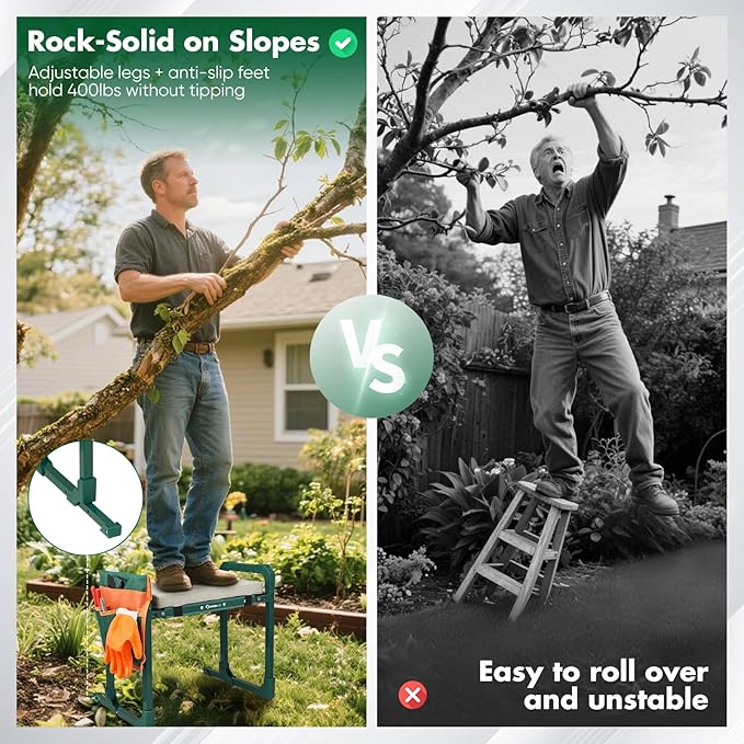 Garden Kneeler and Seat Foldable Kneeling Chair with Extendable Legs & Thickened Pad,Heavy Duty Foldable Gardener Stool with Tool/Storage Bags for Grandparents Gardeners