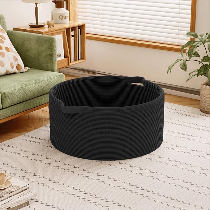 125L Extra Large Blanket Basket, 25" x 16", Jumbo Laundry Woven Baskets Decorative Home, Cotton Rope Basket with Handles, Baby Toy Baskets for Storage, Black